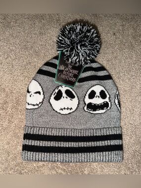 Disney The Nightmare Before Christmas Jack Skellington Gray and Black Pom Beanie